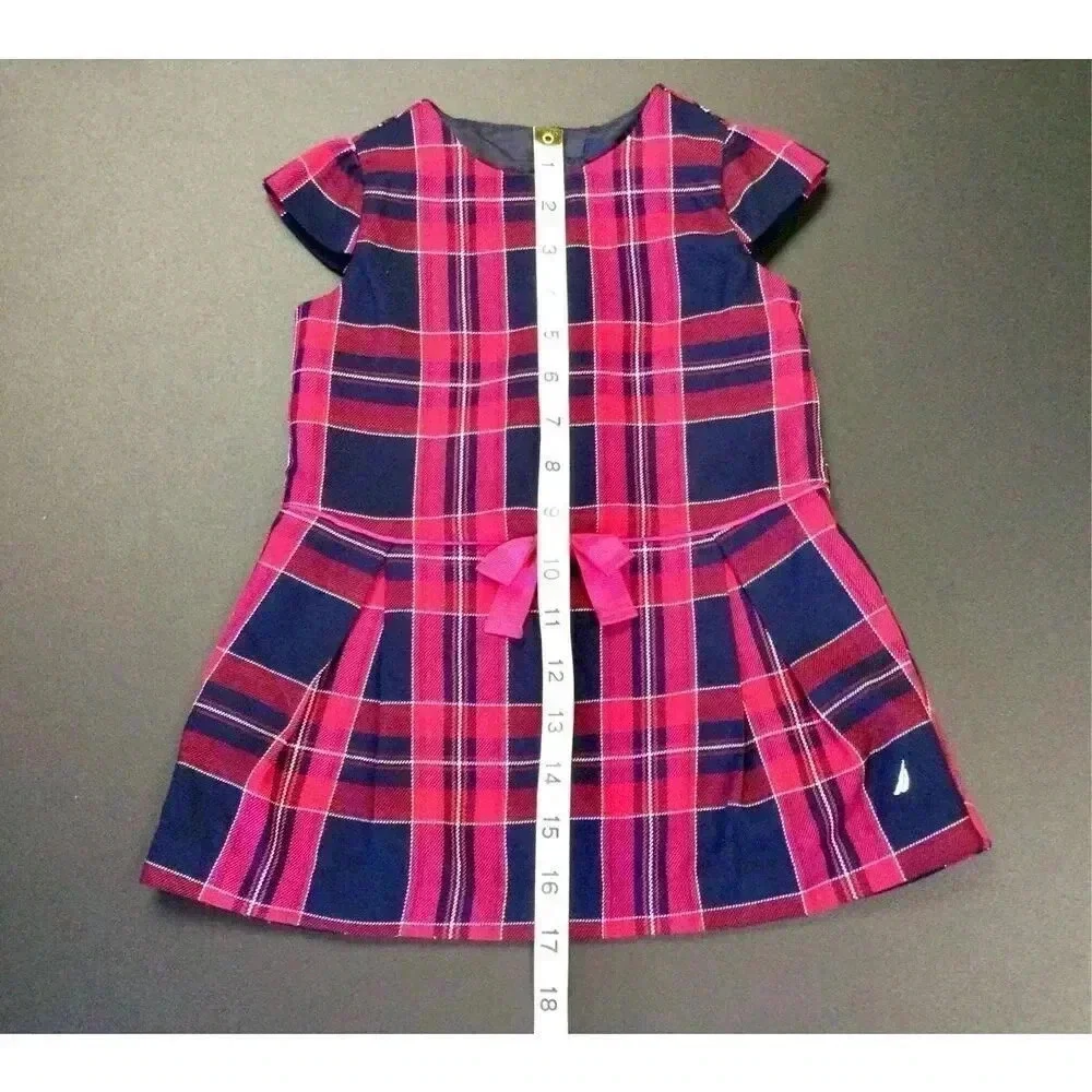 Nautica Baby Pink Black Plaid Cap Sleeve Pleated Lined Bow Sheath Dress Size 18M